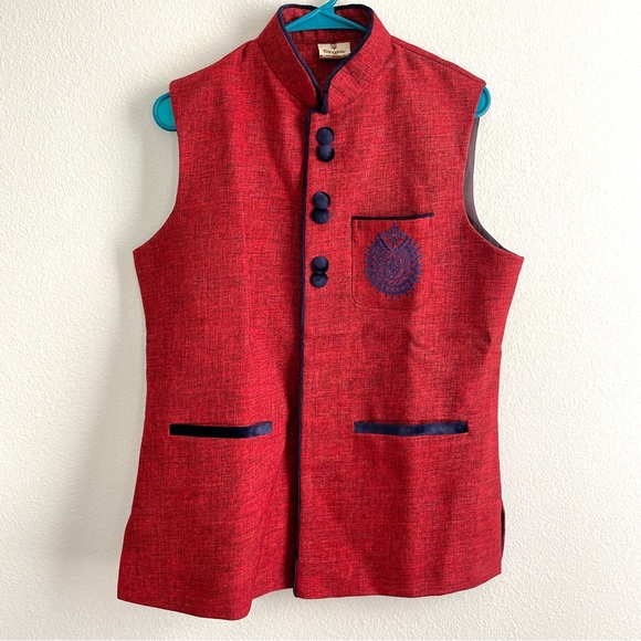 Men’s Red Waistcoat Nehru Jacket from Manyavar - Picture 6 of 6